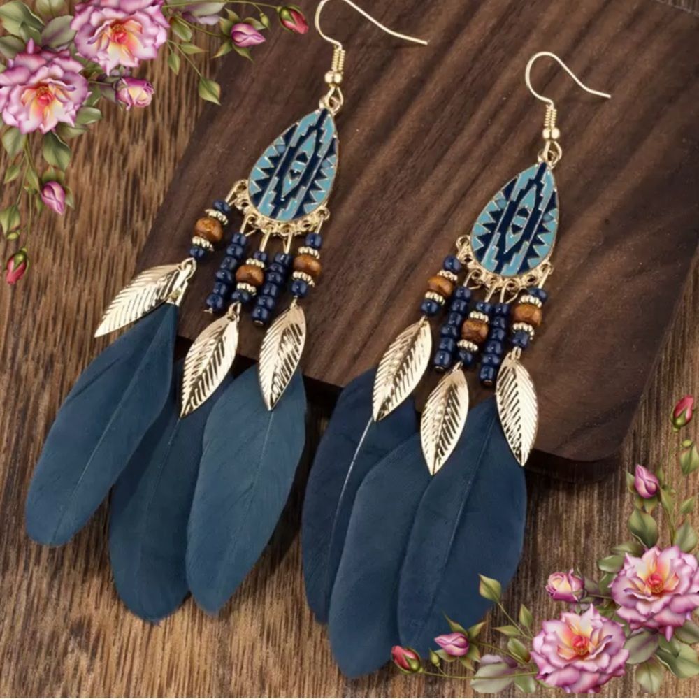 Bohemian Blue teal Feather drop Earrings